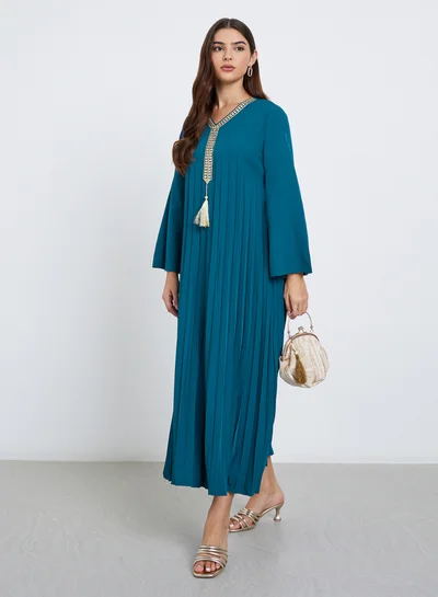 Amirah Teal Pleated Maxi Jalabiya with Tassel Detail