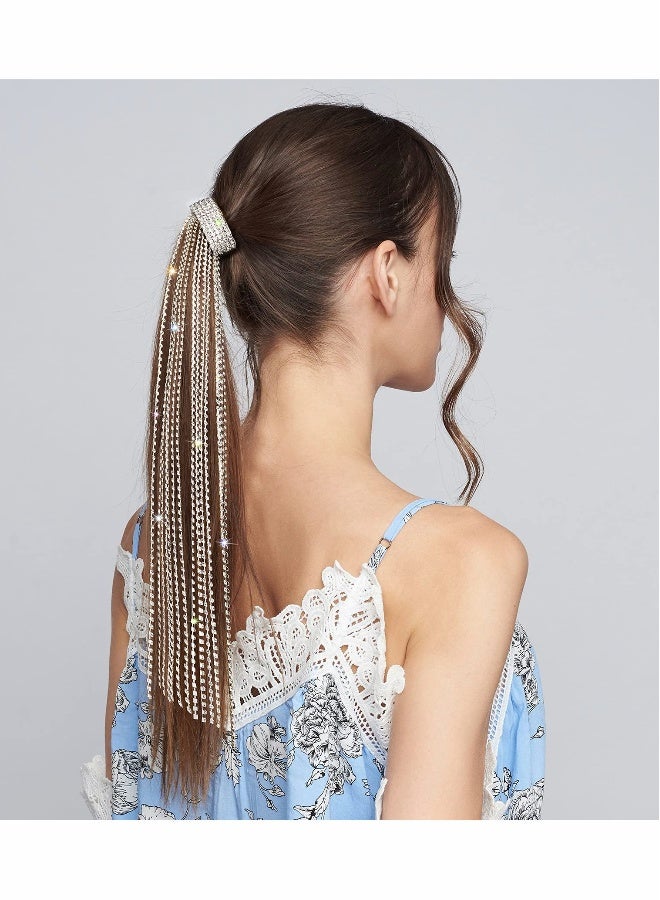 Generic Rhinestones Long Chain Tassel Hairwear, Braid Hair Shiny Hairpin for Women Girls Jewelry Ponytail Holder, Chains Length 15.7inch / 40cm (Silver)  - Image 2
