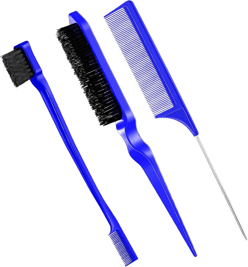 Geiserailie 3 Pcs Slick Back Hair Brush Set Bristle Brush Edge Control Teasing Comb for Women Black Hair(Dark Blue) - Image 1
