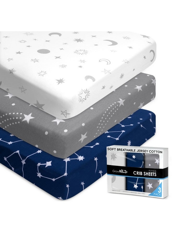 GrowWILD Fitted Unisex Crib Sheets (3 Pack) by GROW WILD - Jersey Knit Cotton Crib Sheets for Boys or Girls, 52” x 28” x 9” Crib Bedding Set (Moon, Stars and Constellation) - Image 1