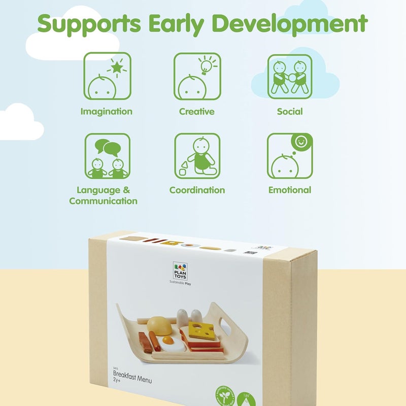PlanToys Breakfast Menu Wooden Play Food Set with Serving Tray for Kids - Image 4