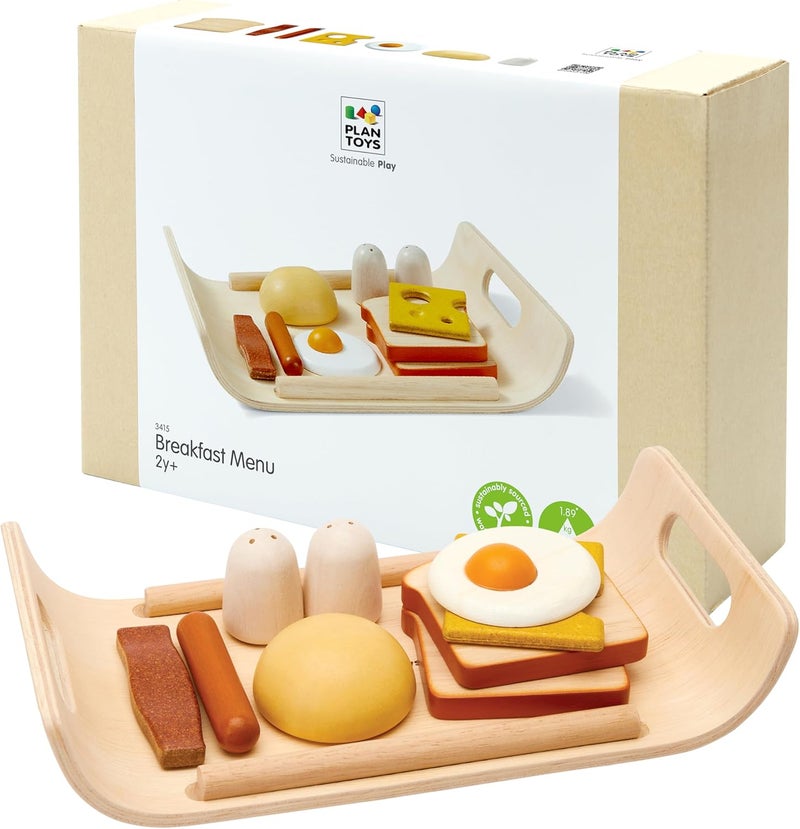 PlanToys Breakfast Menu Wooden Play Food Set with Serving Tray for Kids - Image 1