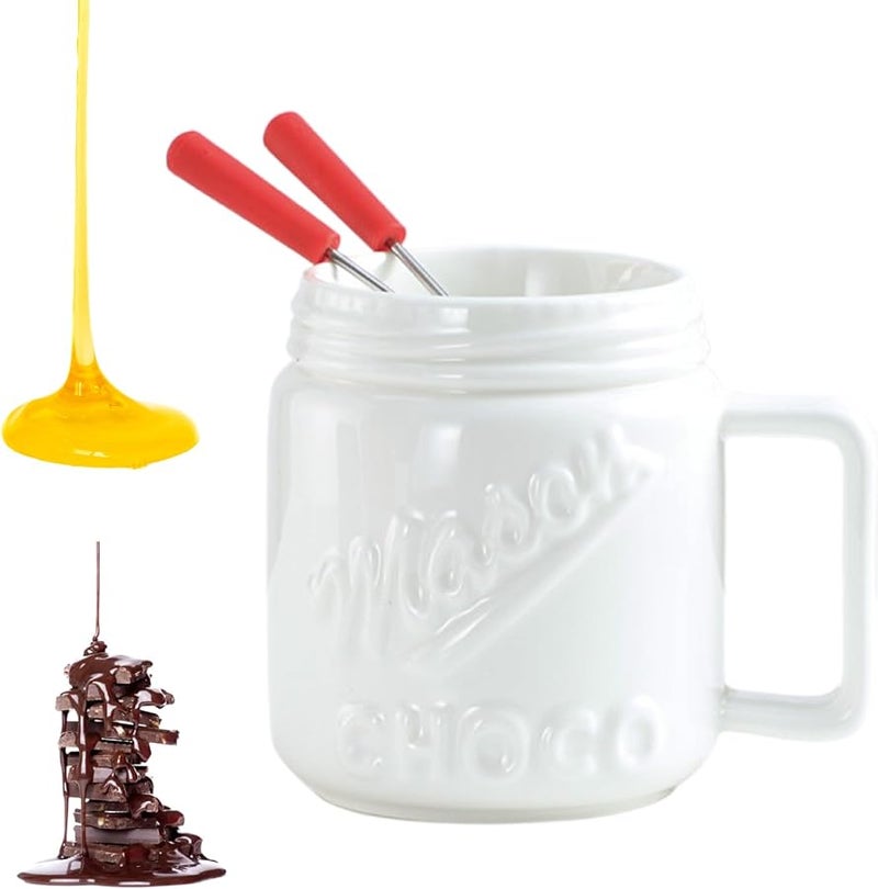 كوب فوندو الشوكولاتة الخزفي الأبيض مع شوكتين، كوب ذوبان قابل لإعادة الاستخدام ليالي المواعدة، أعياد الميلاد، حفلات الزفاف - Image 2