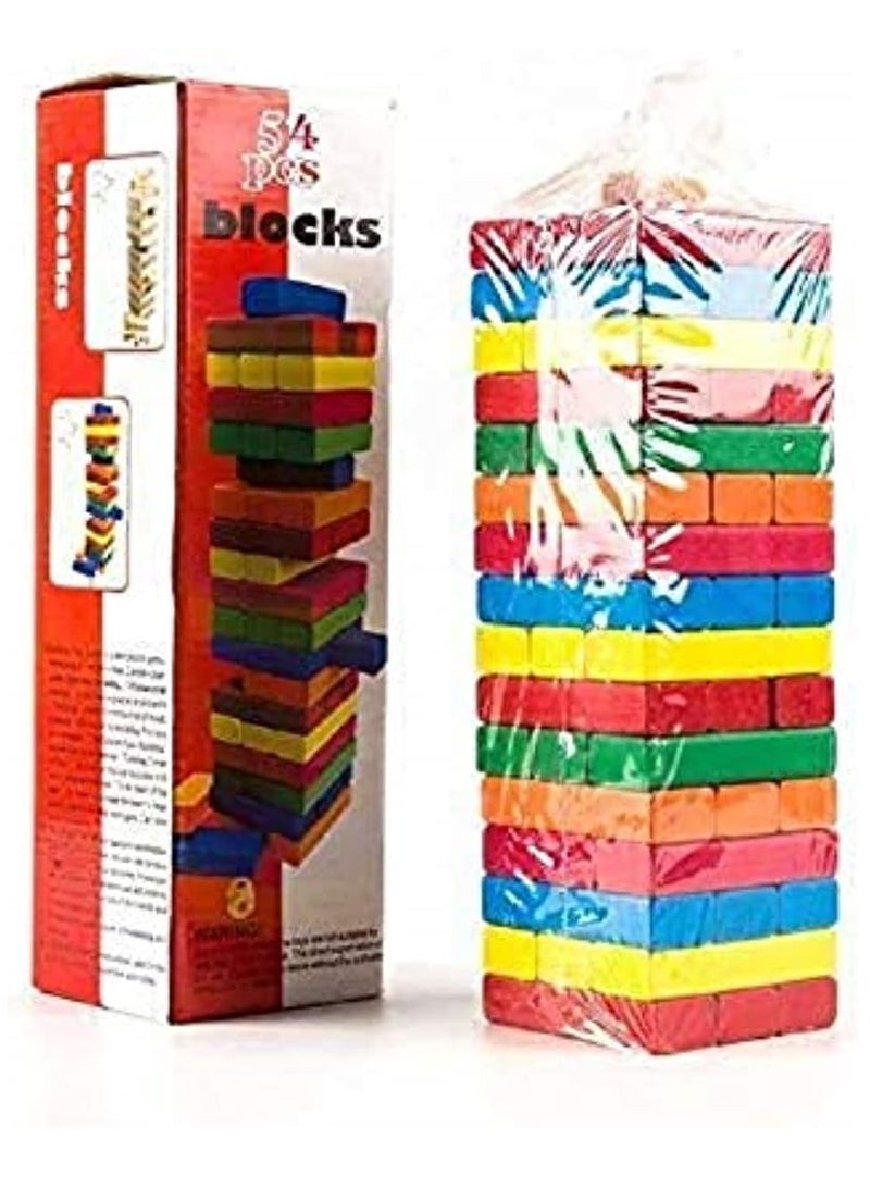 Wooden Jenga Game for Kids and Adults - 54 Pieces - Fun Colorful Blocks to Develop Focus and Balance - Suitable for Parties and Family Games - Image 1