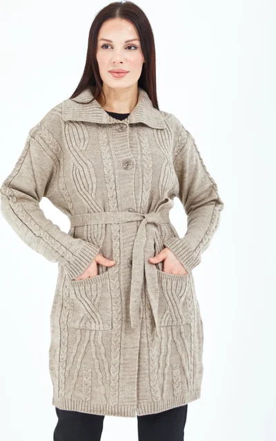 Stilmony Women's Mink Buttoned Pocket Belted Knitted Wool Long Cardigan