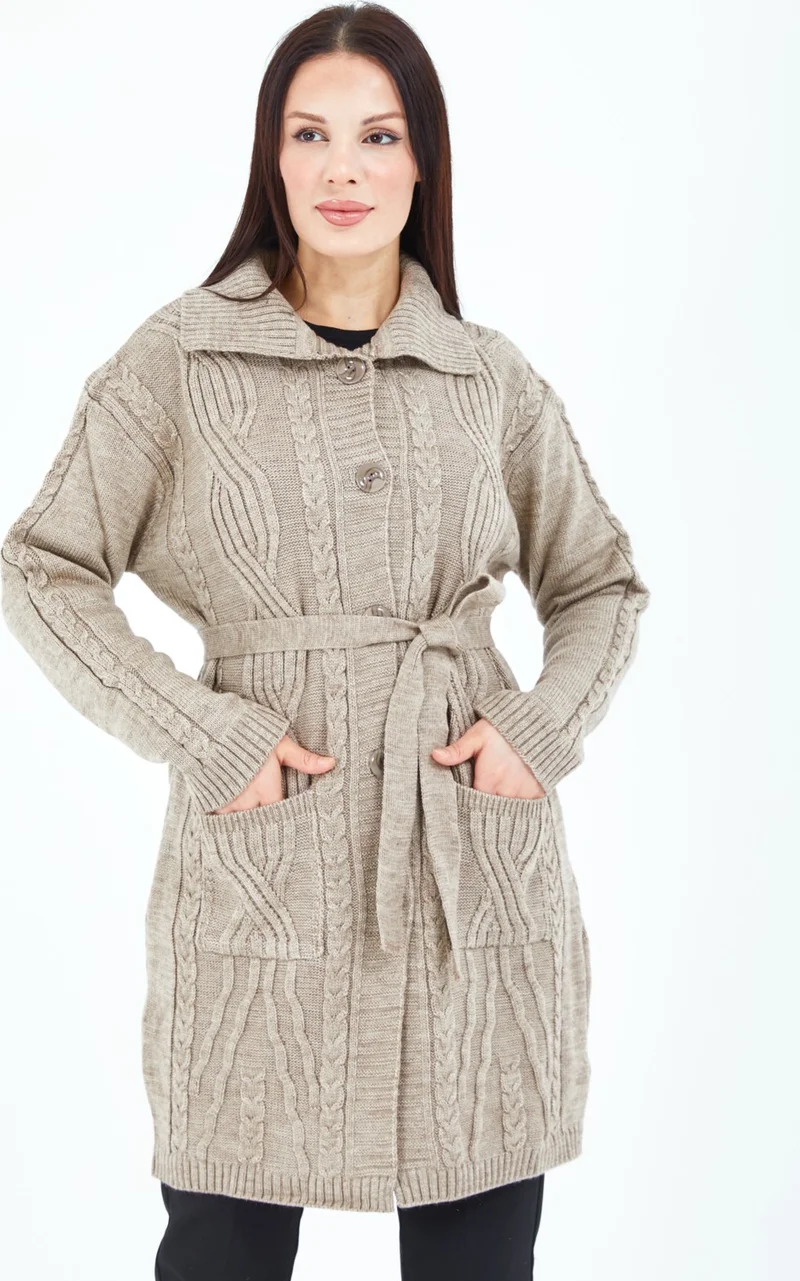 Stilmony Women's Mink Buttoned Pocket Belted Knitted Wool Long Cardigan