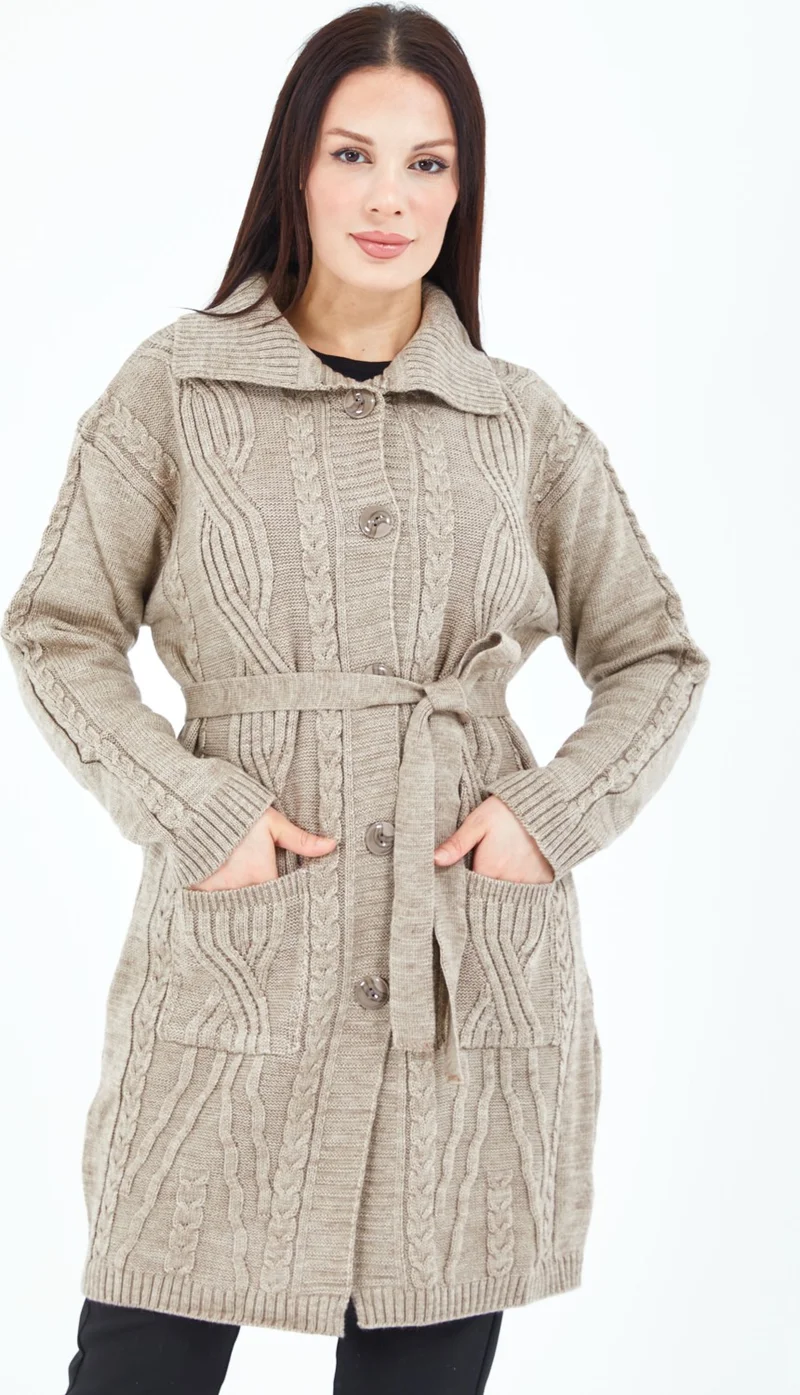 Stilmony Women's Mink Buttoned Pocket Belted Knitted Wool Long Cardigan