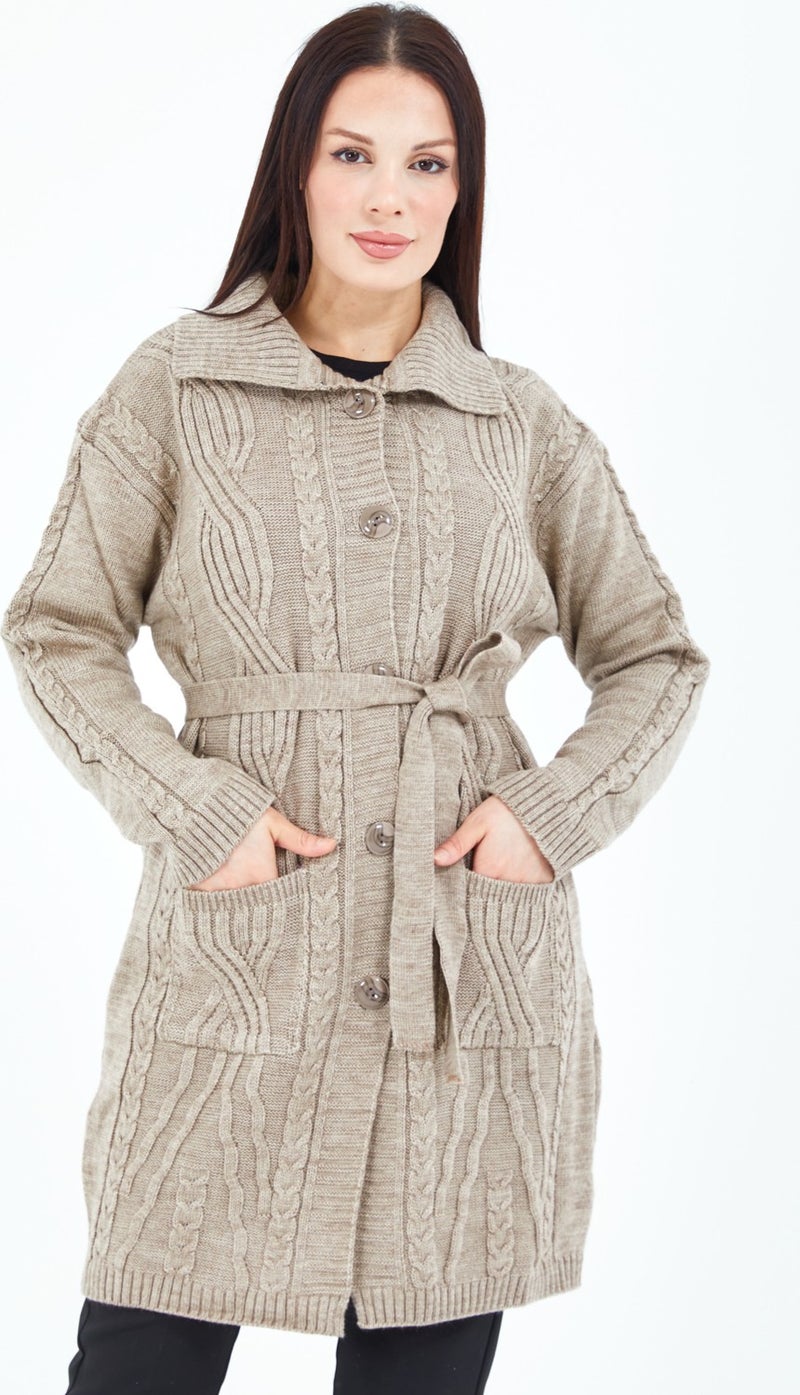 Stilmony Women's Mink Buttoned Pocket Belted Knitted Wool Long Cardigan - Image 2