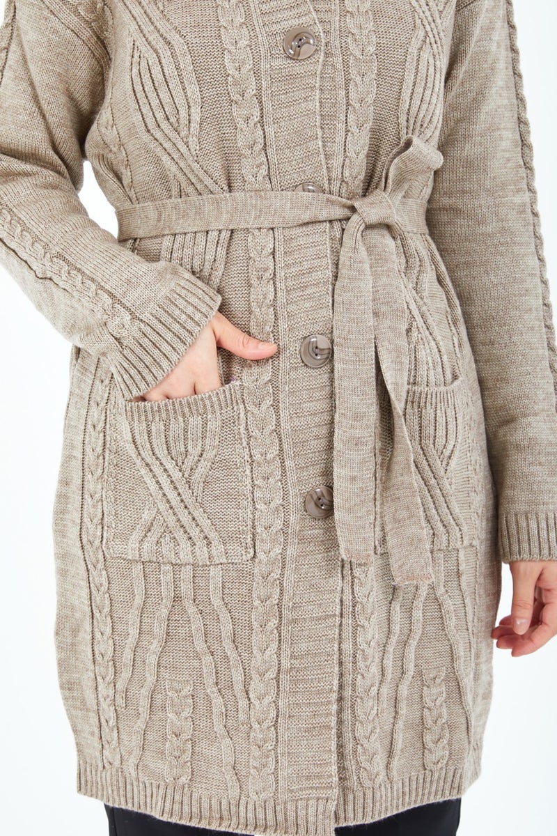 Stilmony Women's Mink Buttoned Pocket Belted Knitted Wool Long Cardigan - Image 5