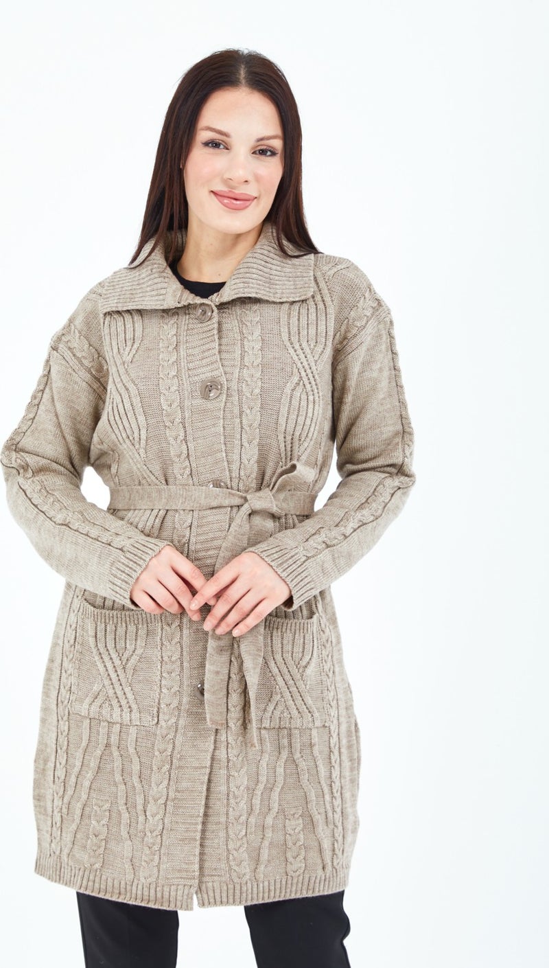 Stilmony Women's Mink Buttoned Pocket Belted Knitted Wool Long Cardigan - Image 4