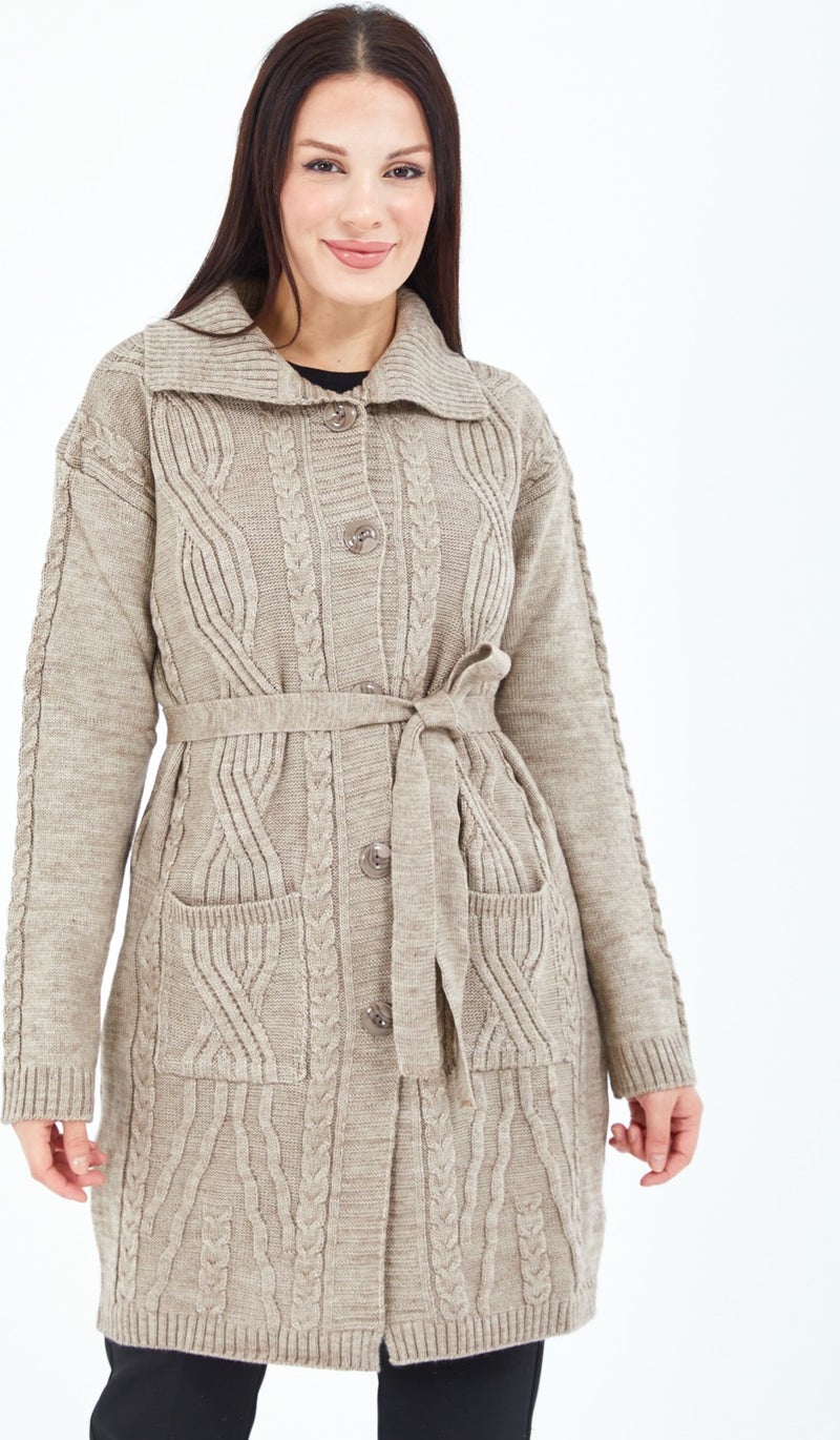 Stilmony Women's Mink Buttoned Pocket Belted Knitted Wool Long Cardigan - Image 3