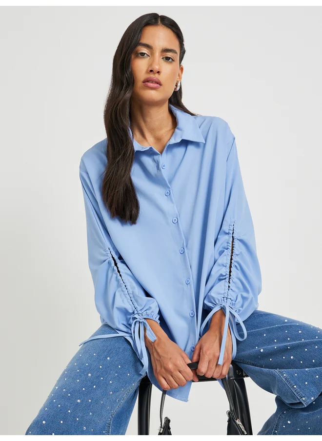 Take Two Take Two Solid Drawstring Sleeve Cuffs Oversized Shirts