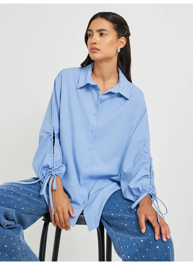 Take Two Take Two Solid Drawstring Sleeve Cuffs Oversized Shirts
