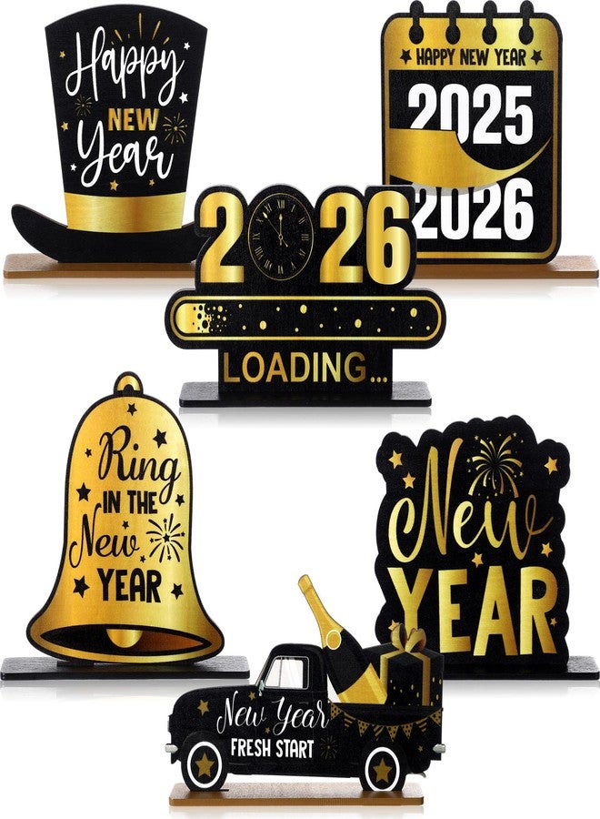 Seenelling 6 Pcs Happy New Year Eve Table Decorations 2026 Wooden Table Centerpieces Black Gold Sign for Centerpieces New Years Eve Party Supplies - Image 1