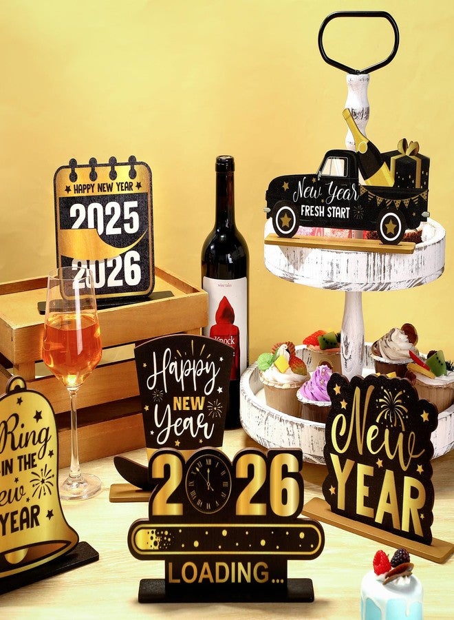 Seenelling 6 Pcs Happy New Year Eve Table Decorations 2026 Wooden Table Centerpieces Black Gold Sign for Centerpieces New Years Eve Party Supplies - Image 2