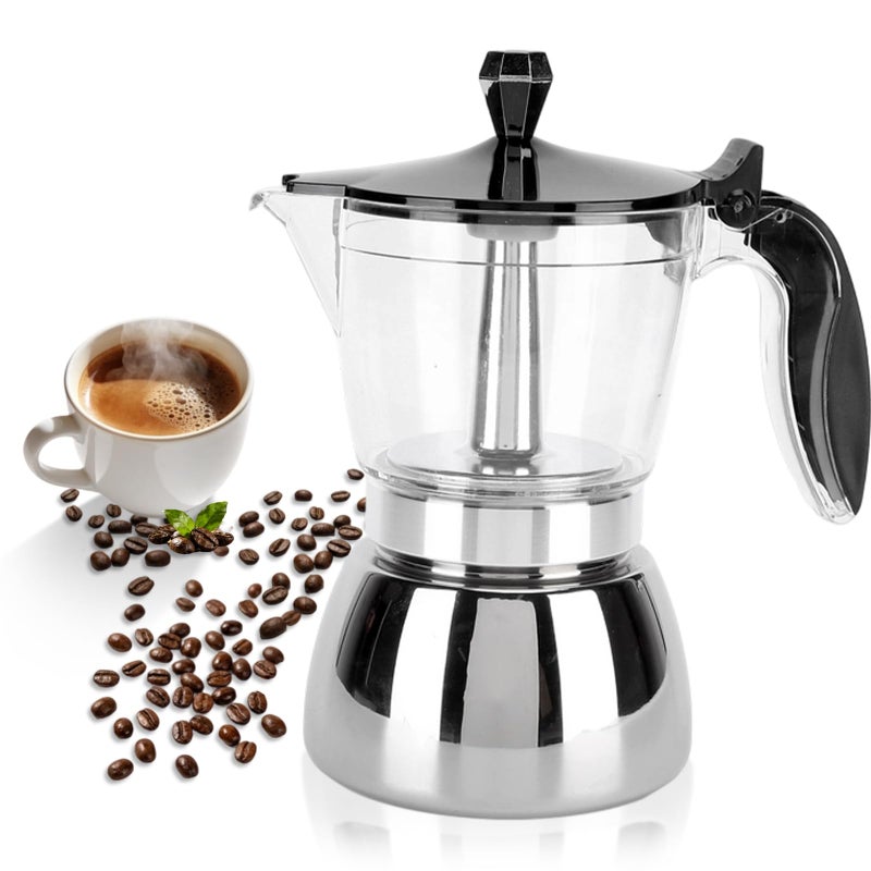 Jerliflyer 6 Cups Stainless Steel Coffee Pot, Brew Classic Italian with Our Moka Pot Premium Crystal Glass Top Octagonal Design for Stovetop Brewing - Image 1