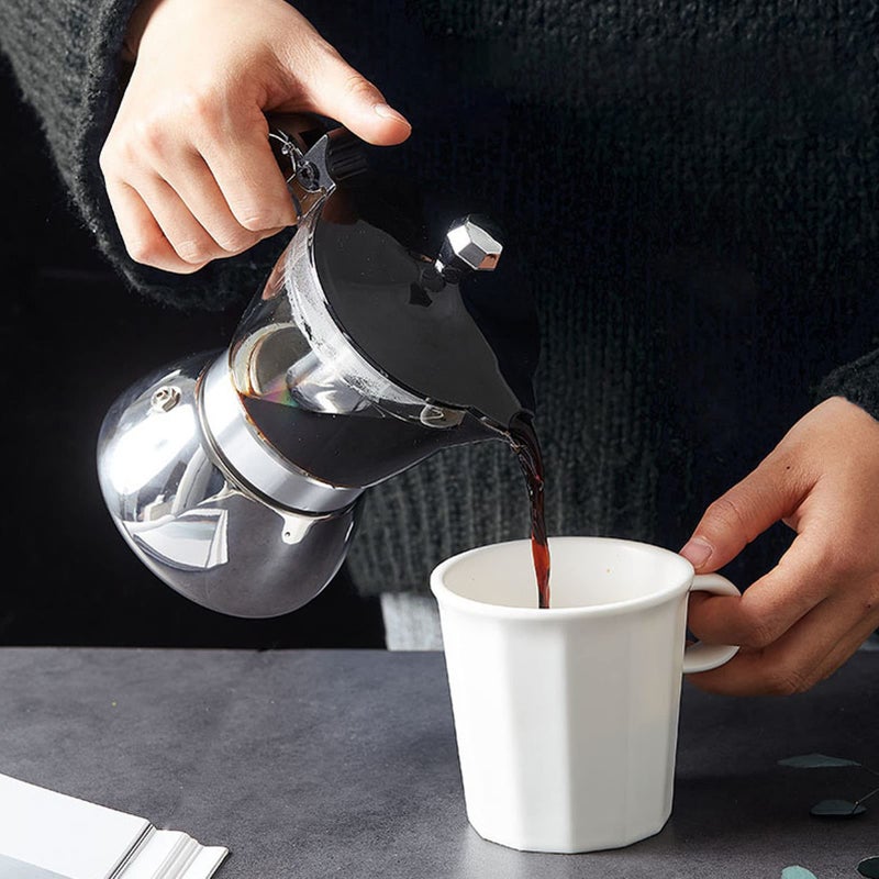 Jerliflyer 6 Cups Stainless Steel Coffee Pot, Brew Classic Italian with Our Moka Pot Premium Crystal Glass Top Octagonal Design for Stovetop Brewing - Image 3