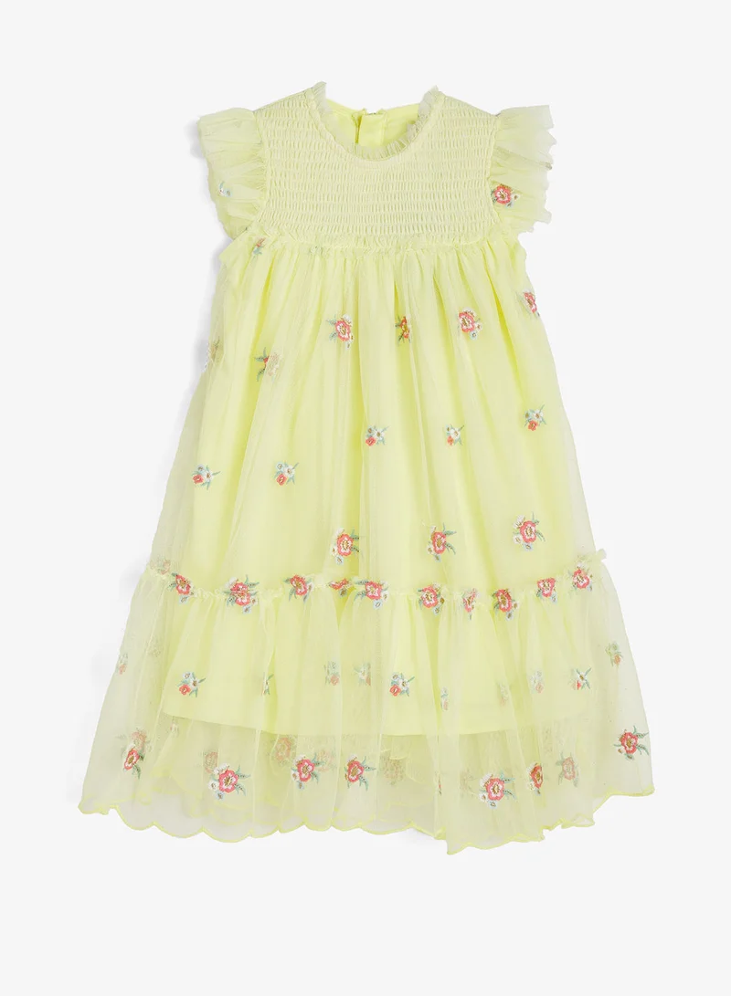 ريبلز مع نمشي Girls Smocked Floral Embroidered Tulle Party Dress