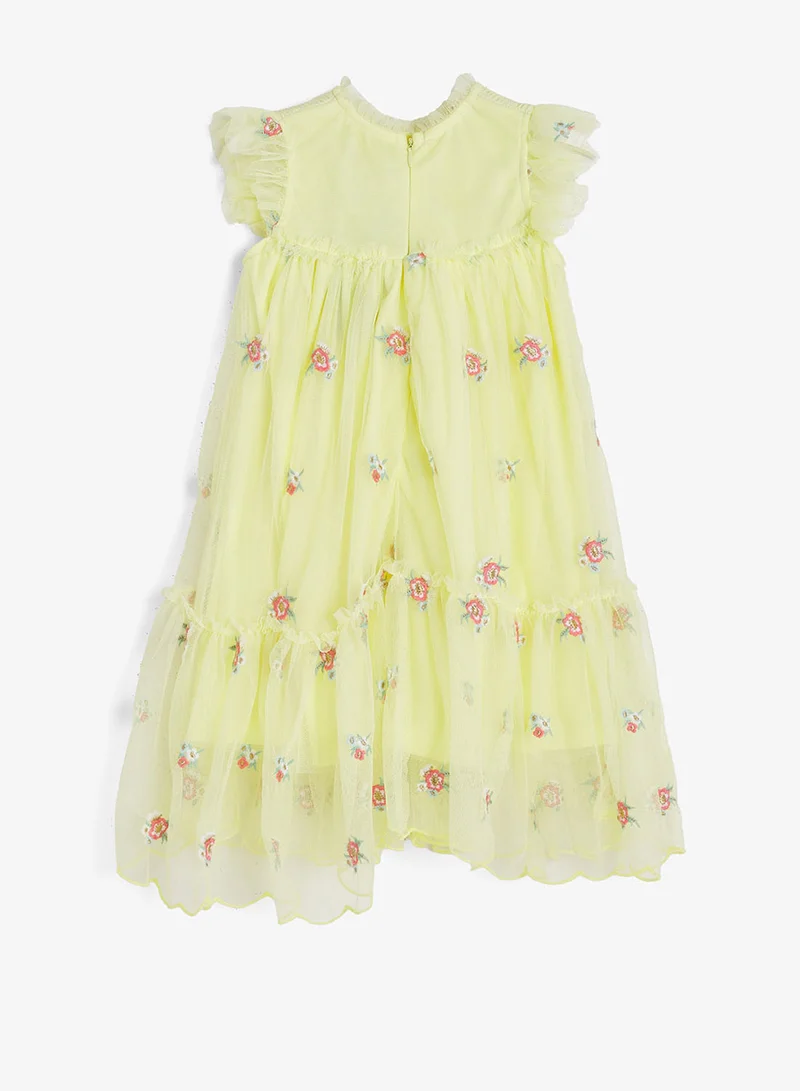 ريبلز مع نمشي Girls Smocked Floral Embroidered Tulle Party Dress