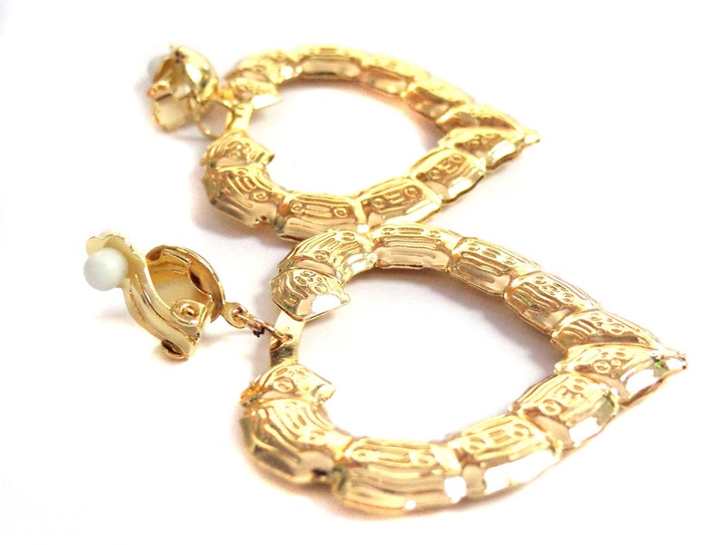 Divas Diggables Clip-on Earrings Gold Tone Heart Bamboo Hoop Earrings 2 inch Retro Earrings - Image 3