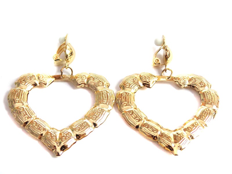 Divas Diggables Clip-on Earrings Gold Tone Heart Bamboo Hoop Earrings 2 inch Retro Earrings - Image 1