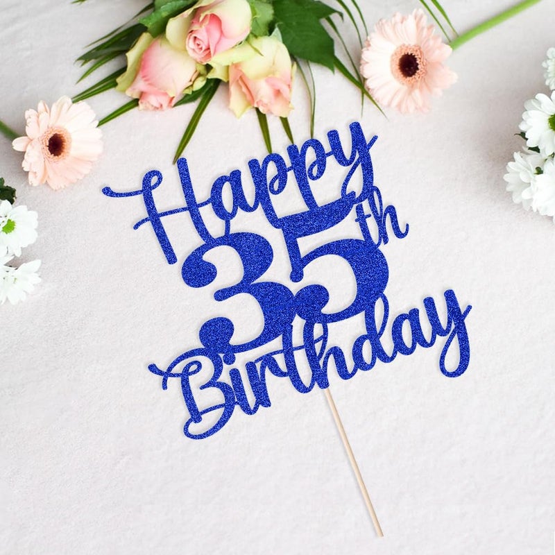 Kaoenla Glitter Happy 35th Birthday Cake Topper Hello 35 Cheers to 35 Years 35th Anniversary /35 years old birthday Party Decor (35th  blue) - Image 3