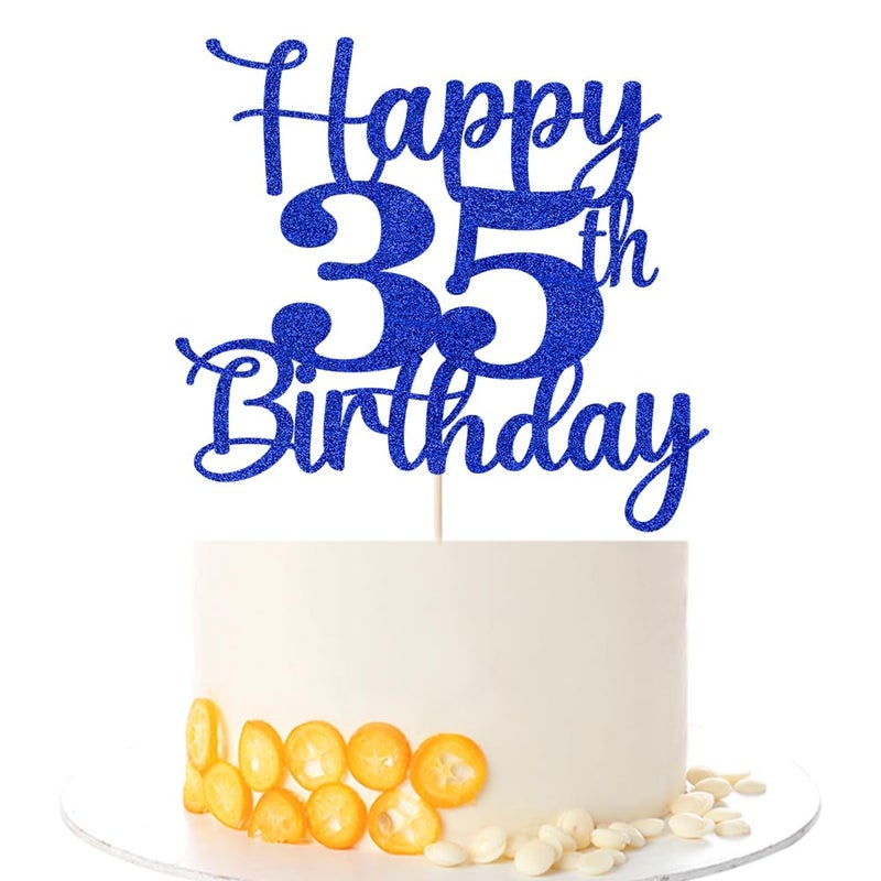 Kaoenla Glitter Happy 35th Birthday Cake Topper Hello 35 Cheers to 35 Years 35th Anniversary /35 years old birthday Party Decor (35th  blue) - Image 1