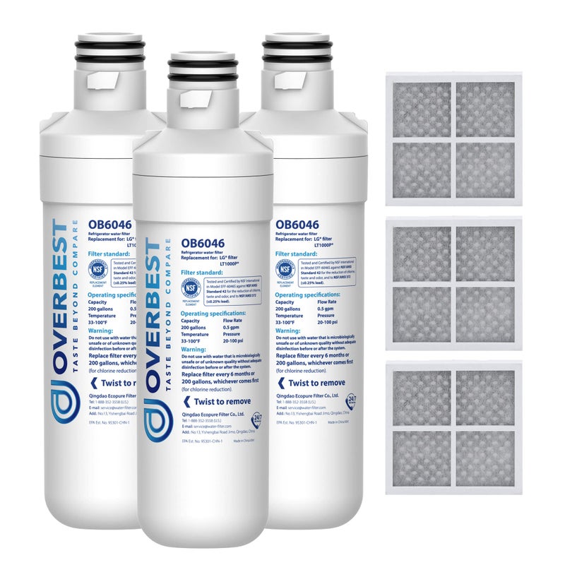 Overbest LT1000PC ADQ747935 Refrigerator Water Filter and Air Filter, Replacement for LGÂ® LT1000PÂ®, ADQ74793501, ADQ74793502, Kenmore 469980, 9980 and LT120FÂ®, 3 Combo - Image 1