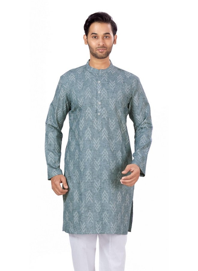 Studio Shringaar Men's Cotton Blend Relaxed Fit Ikat Printed Knee Length Kurta(M119, Grey_3XL) - Image 1