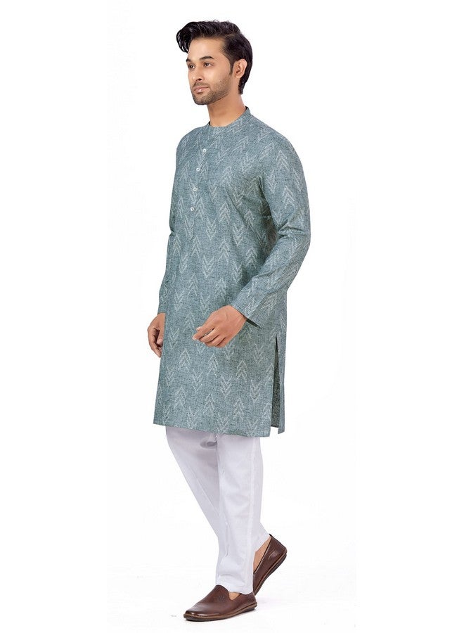 Studio Shringaar Men's Cotton Blend Relaxed Fit Ikat Printed Knee Length Kurta(M119, Grey_3XL) - Image 2