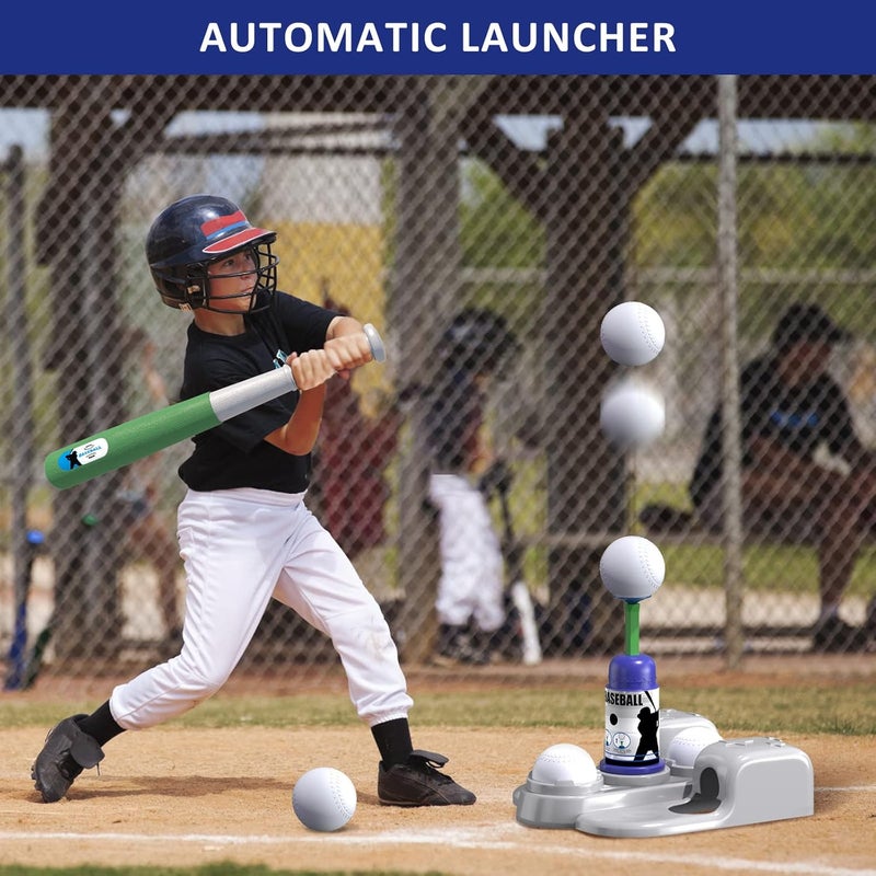 QDRAGON 2 in 1 T Ball Sets for Kids 3-5 5-8, Tee Ball Set with Automatic Pitching Machine/Adjustable Batting Bat & Stand/6 Balls, Baseball Toys Outdoor Sport for Toddlers Boys, Blue - Image 3