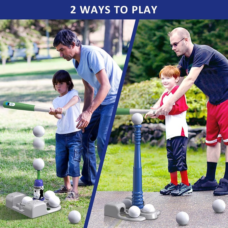 QDRAGON 2 in 1 T Ball Sets for Kids 3-5 5-8, Tee Ball Set with Automatic Pitching Machine/Adjustable Batting Bat & Stand/6 Balls, Baseball Toys Outdoor Sport for Toddlers Boys, Blue - Image 2