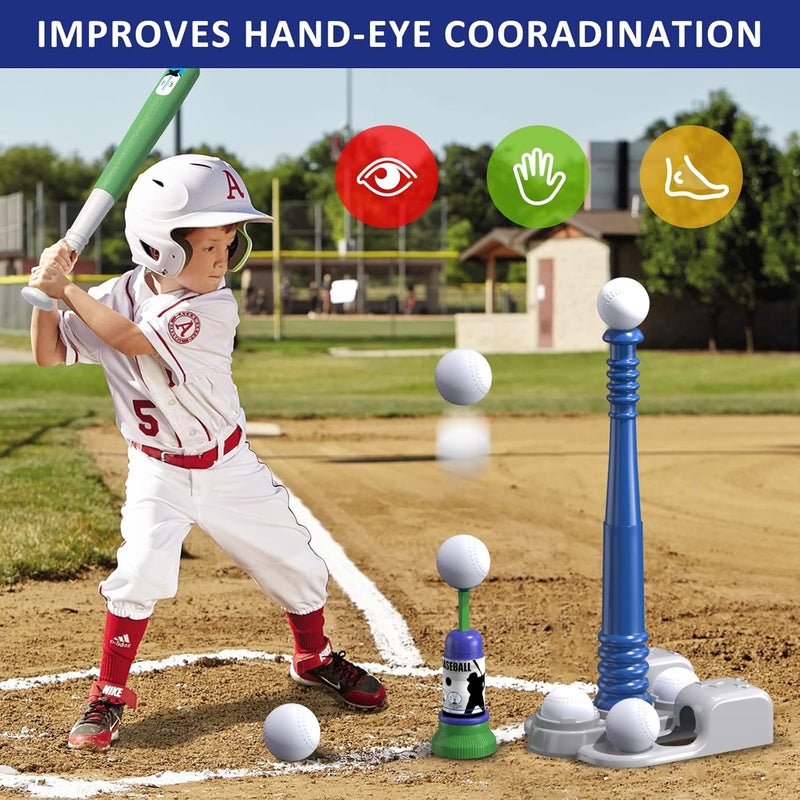 QDRAGON 2 in 1 T Ball Sets for Kids 3-5 5-8, Tee Ball Set with Automatic Pitching Machine/Adjustable Batting Bat & Stand/6 Balls, Baseball Toys Outdoor Sport for Toddlers Boys, Blue - Image 4