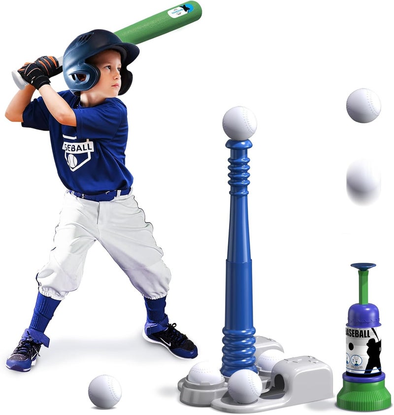 QDRAGON 2 in 1 T Ball Sets for Kids 3-5 5-8, Tee Ball Set with Automatic Pitching Machine/Adjustable Batting Bat & Stand/6 Balls, Baseball Toys Outdoor Sport for Toddlers Boys, Blue - Image 1