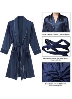 Men's Satin Long Sleeved Nightgown (Dark Blue), V-Neck Design, Fashionable And High-End, With Simple Pockets, Practical And Beautiful, Suitable For Wearing At Home
