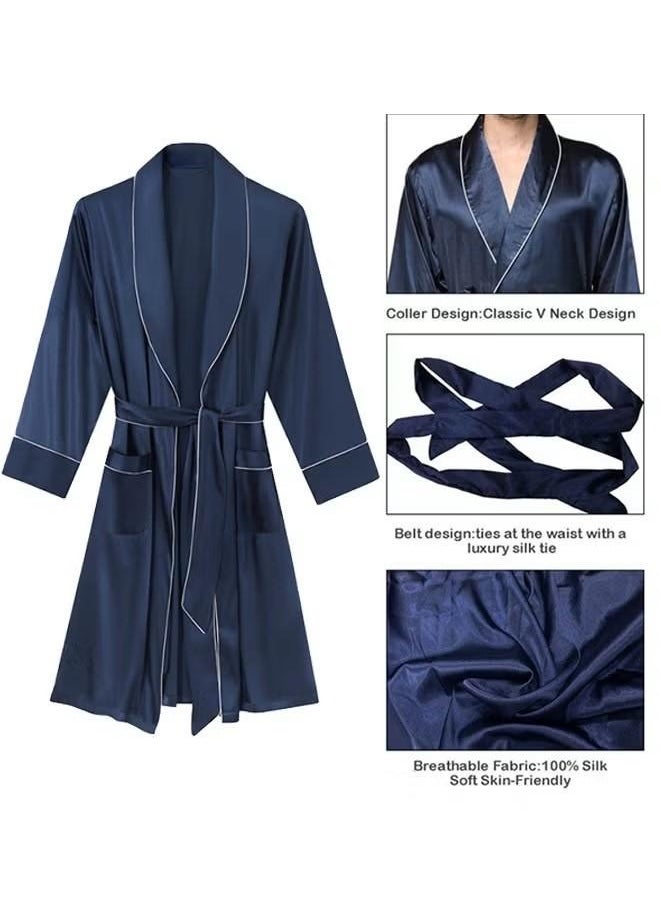 DTBG - Men's Satin Long Sleeved Nightgown (Dark Blue), V-Neck Design, Fashionable And High-End, With Simple Pockets, Practical And Beautiful, Suitable For Wearing At Home - Image 1