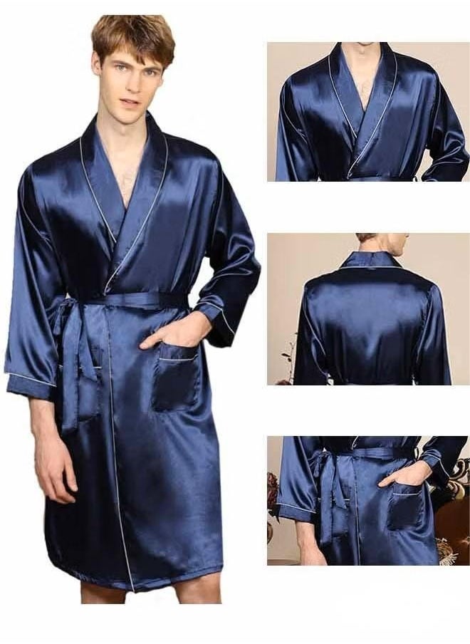DTBG - Men's Satin Long Sleeved Nightgown (Dark Blue), V-Neck Design, Fashionable And High-End, With Simple Pockets, Practical And Beautiful, Suitable For Wearing At Home - Image 1