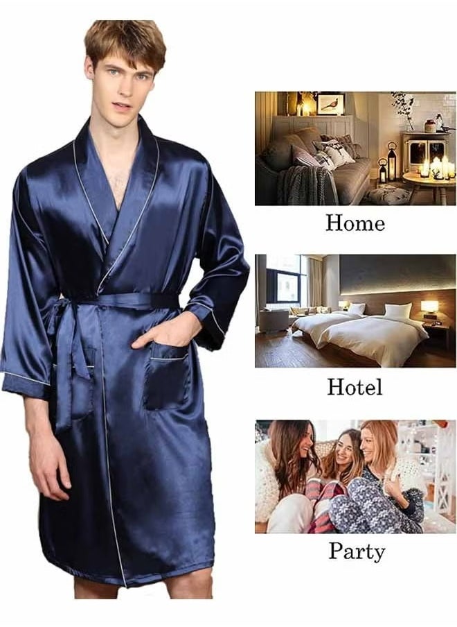 DTBG - Men's Satin Long Sleeved Nightgown (Dark Blue), V-Neck Design, Fashionable And High-End, With Simple Pockets, Practical And Beautiful, Suitable For Wearing At Home - Image 1