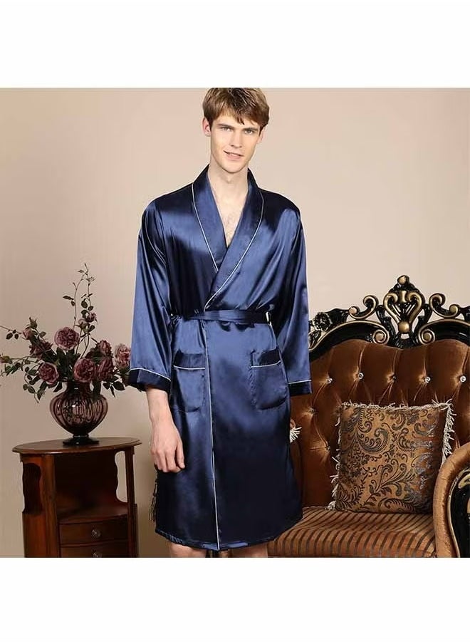 DTBG - Men's Satin Long Sleeved Nightgown (Dark Blue), V-Neck Design, Fashionable And High-End, With Simple Pockets, Practical And Beautiful, Suitable For Wearing At Home - Image 1