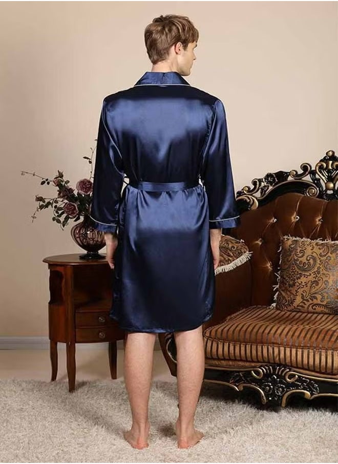 DTBG - Men's Satin Long Sleeved Nightgown (Dark Blue), V-Neck Design, Fashionable And High-End, With Simple Pockets, Practical And Beautiful, Suitable For Wearing At Home - Image 1