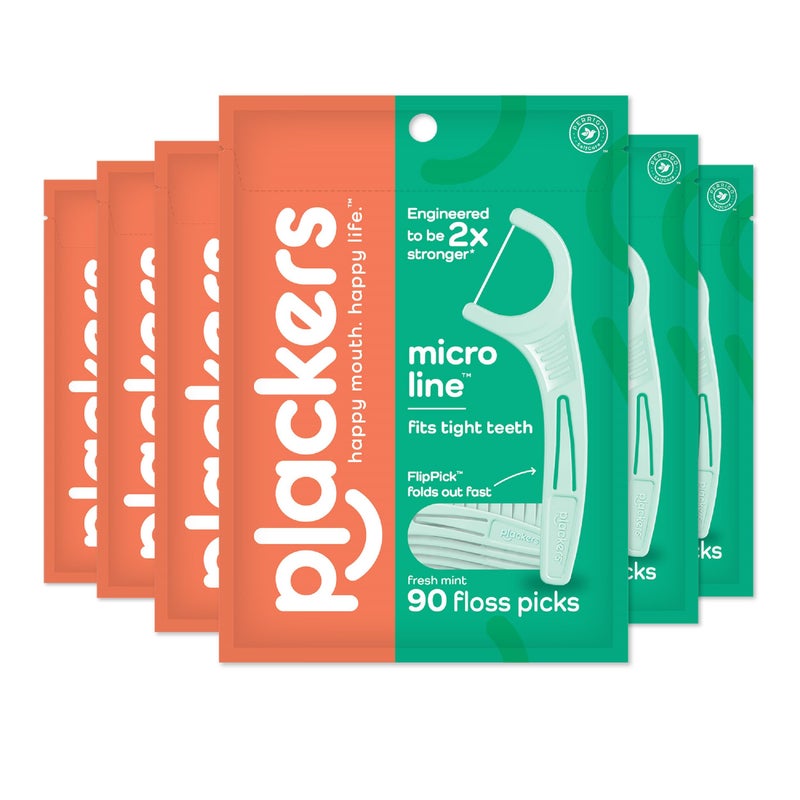 Plackers Micro Line Dental Floss Picks FoldOut FlipPick Tuffloss Easy Storage with SureZip Seal Fresh Mint Flavor 90 Count 6 Pack