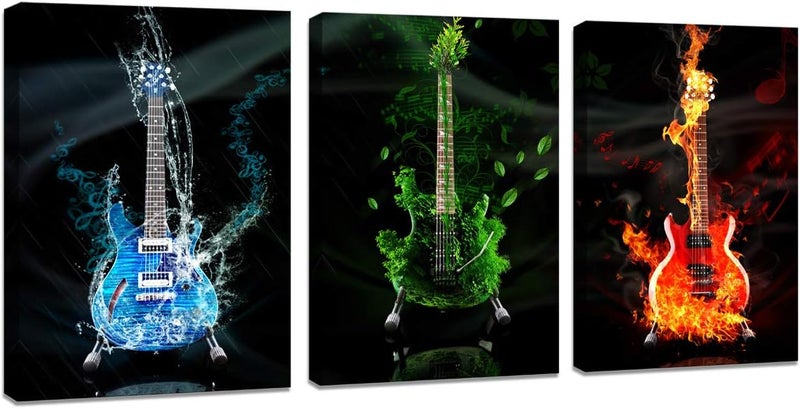 DZL Art A40934 3 Panels Red&Green&Blue Guitar Wall Art Pictures Print On Canvas Painting Wall Art Paintings Wall Artworks Pictures for Home Office Bedroom Wall Decor - Image 1