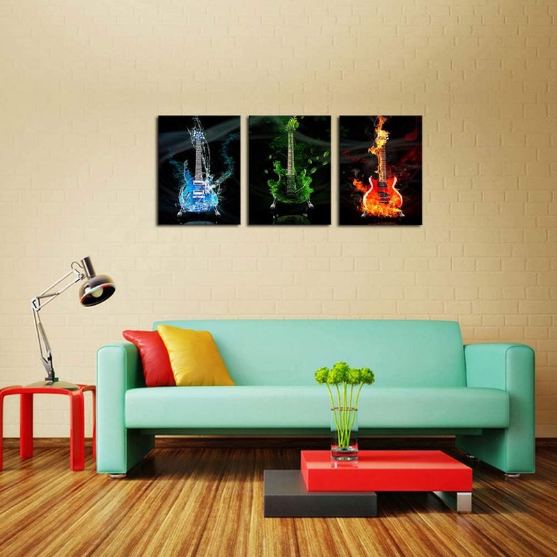 DZL Art A40934 3 Panels Red&Green&Blue Guitar Wall Art Pictures Print On Canvas Painting Wall Art Paintings Wall Artworks Pictures for Home Office Bedroom Wall Decor - Image 3