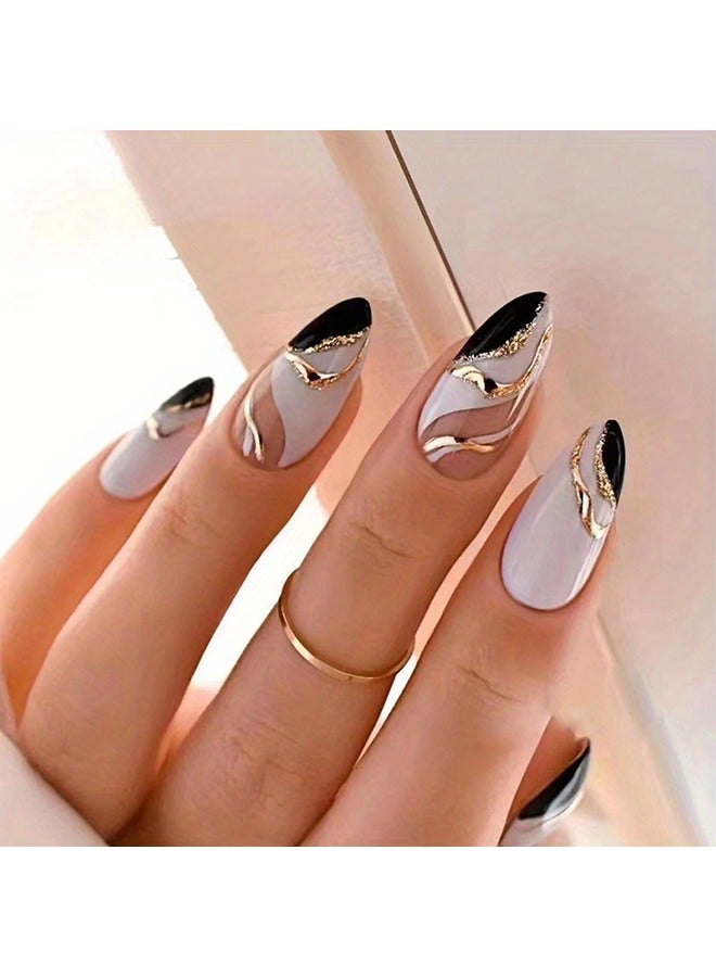 24pcs Glossy Medium Almond Fake Nails, Minimalist Style French Press On Nails With Black Golden Swirl Design, Sweet Cool False Nails For Women Girls Daily Wear - Image 1