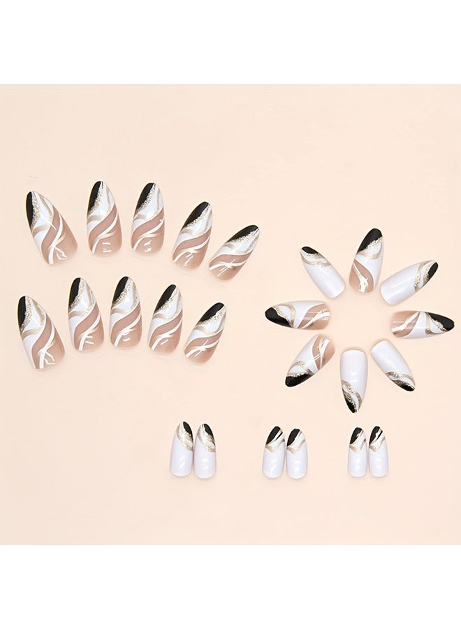 24pcs Glossy Medium Almond Fake Nails, Minimalist Style French Press On Nails With Black Golden Swirl Design, Sweet Cool False Nails For Women Girls Daily Wear - Image 2