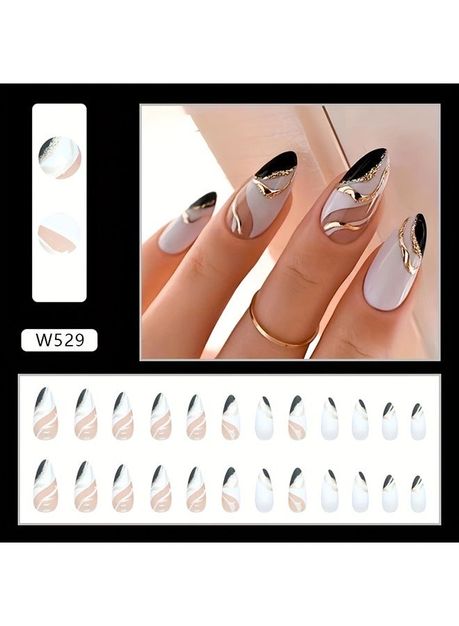 24pcs Glossy Medium Almond Fake Nails, Minimalist Style French Press On Nails With Black Golden Swirl Design, Sweet Cool False Nails For Women Girls Daily Wear - Image 4