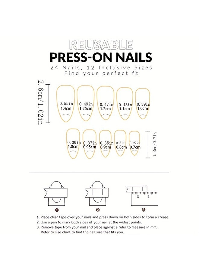 24pcs Glossy Medium Almond Fake Nails, Minimalist Style French Press On Nails With Black Golden Swirl Design, Sweet Cool False Nails For Women Girls Daily Wear - Image 5