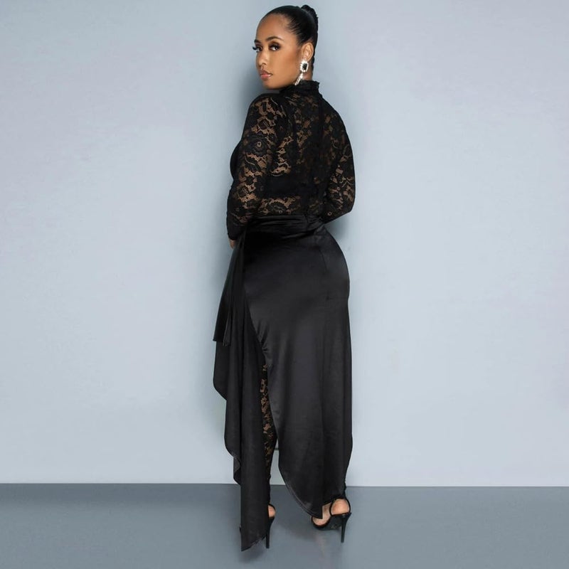 YOUFE Women's Lace See Through Jumpsuit Bodycon Sexy Club Outfits Long Sleeve Pleated High Split Midi Skirt One Piece Set - Image 2