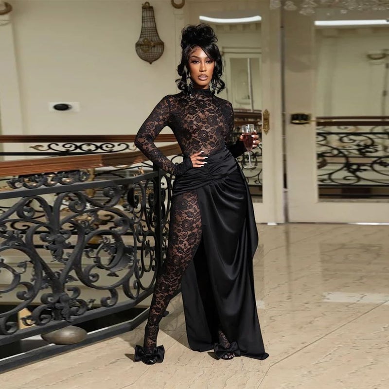 YOUFE Women's Lace See Through Jumpsuit Bodycon Sexy Club Outfits Long Sleeve Pleated High Split Midi Skirt One Piece Set - Image 5
