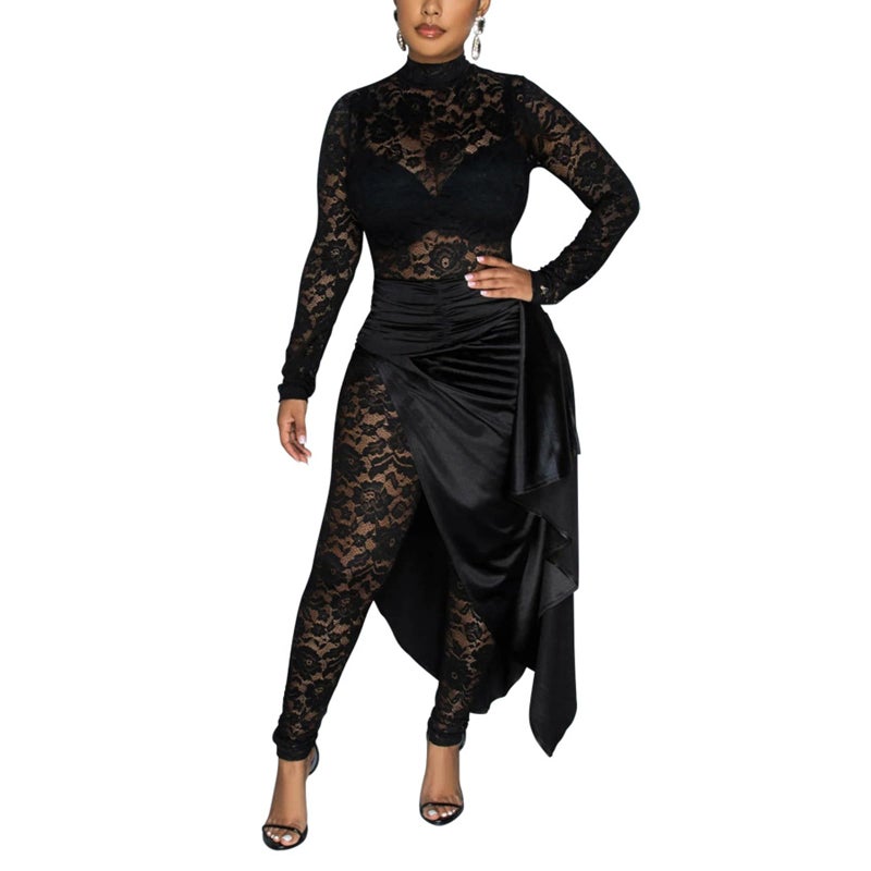YOUFE Women's Lace See Through Jumpsuit Bodycon Sexy Club Outfits Long Sleeve Pleated High Split Midi Skirt One Piece Set - Image 1